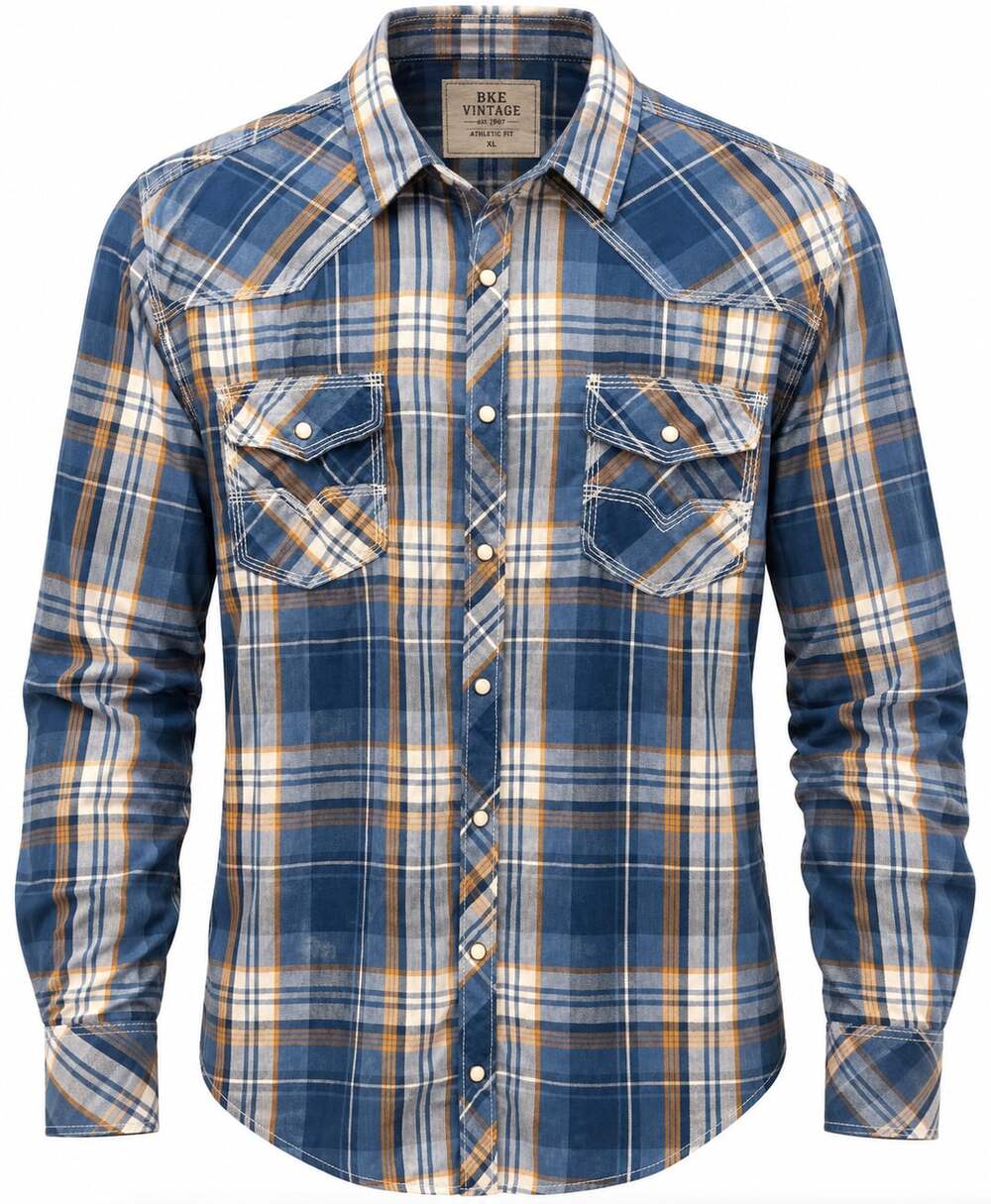 BKE Vintage Plaid Western Pearl Snap Shirt XL Blue Tan Y2K Cowboy Workwear